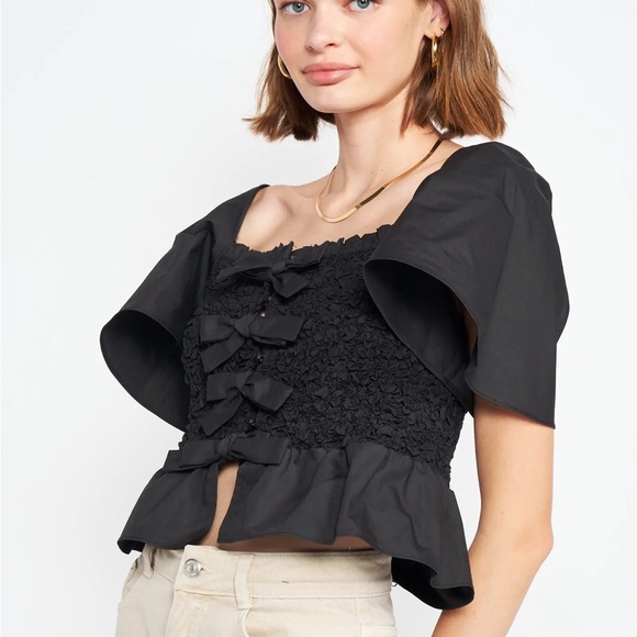 (AA4) En Saison Matisse Bow-Front Peplum Blouse, Black, Size Medium, NWT - Picture 3 of 16